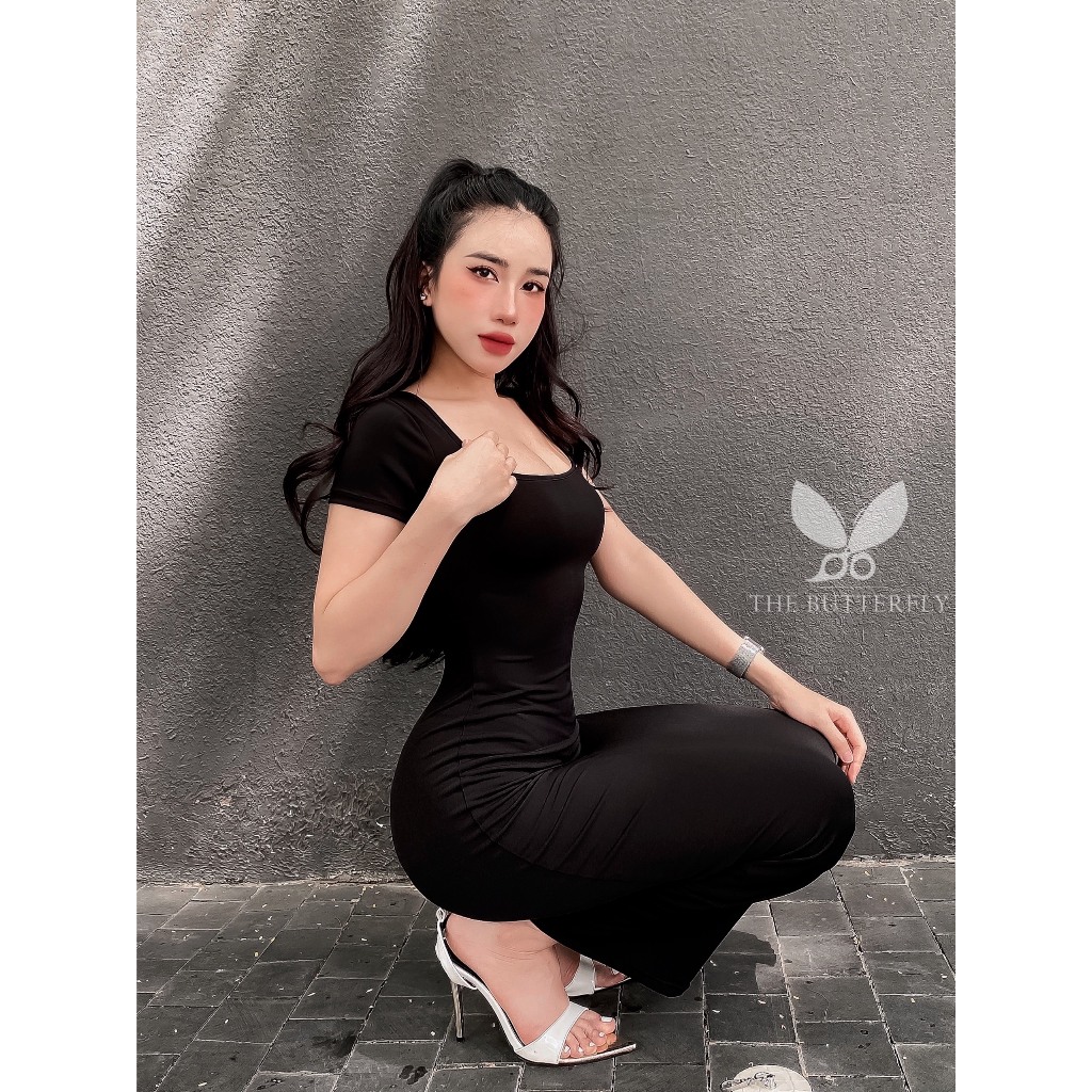 Váy/ Đầm Nữ Dài Tay Ngắn Cổ U Ôm Body Vải Thun Ladong Co Giãn The Butterfly