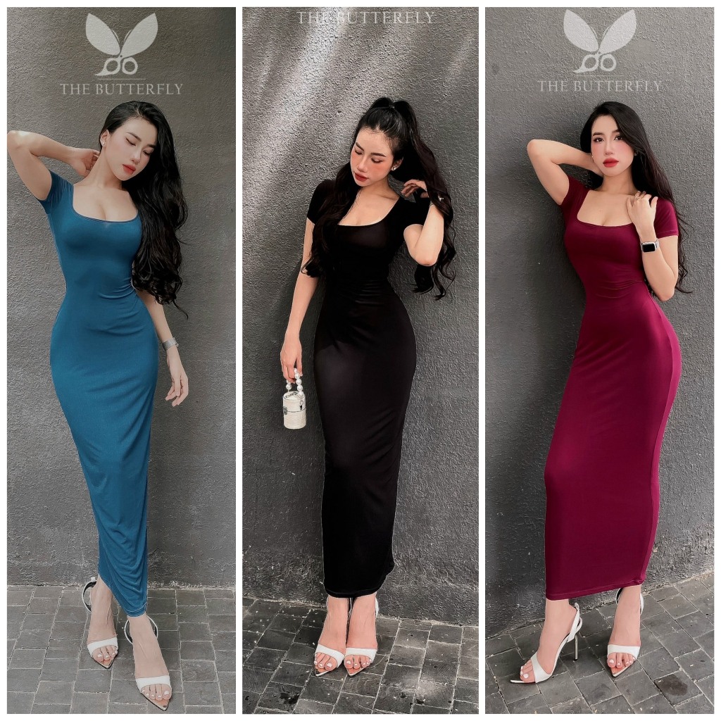 Váy/ Đầm Nữ Dài Tay Ngắn Cổ U Ôm Body Vải Thun Ladong Co Giãn The Butterfly