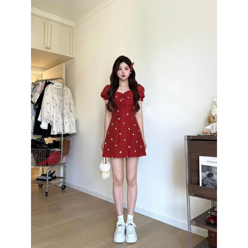 Váy đỏ hoa nhí 2 dáng Ngắn Dài