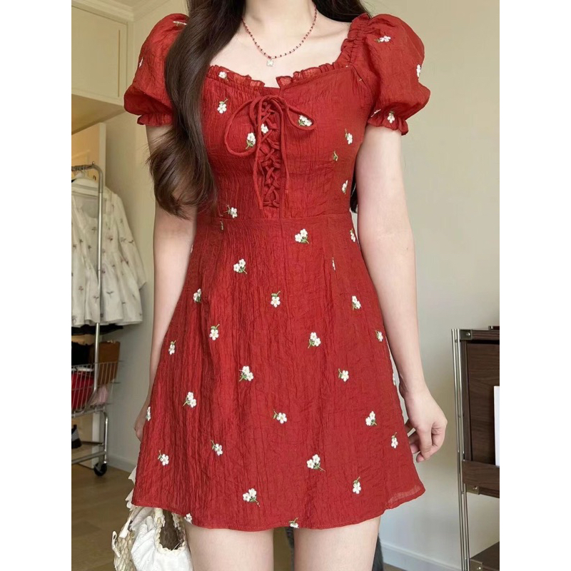 Váy đỏ hoa nhí 2 dáng Ngắn Dài