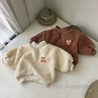 Áo hoodie cổ cao lông cừu lót nỉ thêu sóc siêu ấm cho bé trai, bé gái