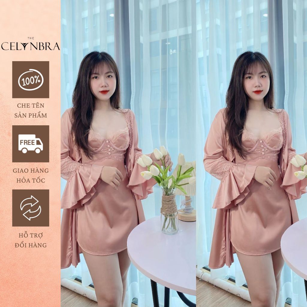 Set váy ngủ kèm áo choàng sexy lụa phối ren xuyên thấu có gọng THE CELYNBRA ( V106 + C8 )