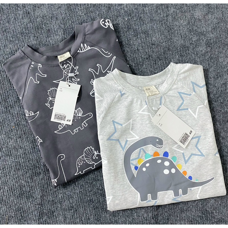 Set 2 bộ cotton dài tay hình khủng long màu ghi xám cho bé trai
