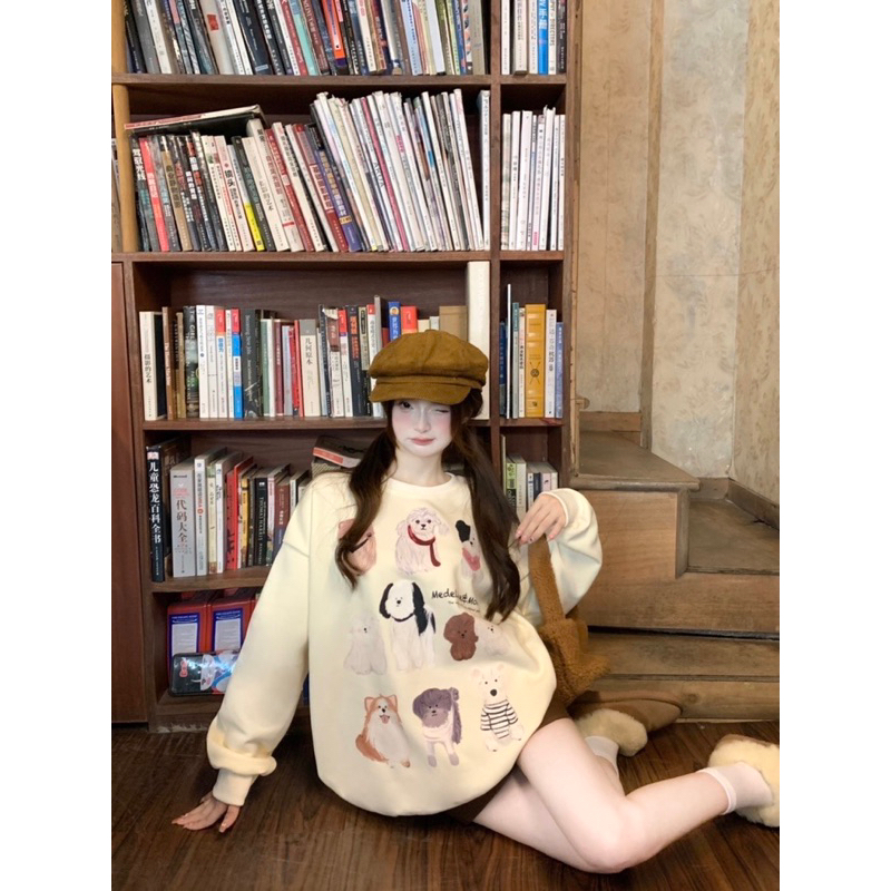 Áo Sweater Tay Dài Cổ Tròn In Hình Chú Chó Dễ Thương