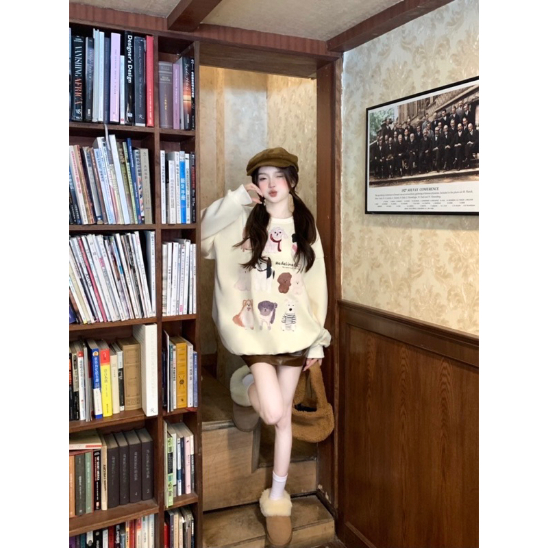 Áo Sweater Tay Dài Cổ Tròn In Hình Chú Chó Dễ Thương