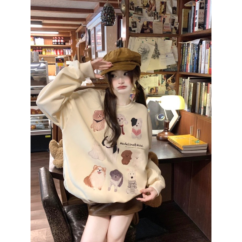 Áo Sweater Tay Dài Cổ Tròn In Hình Chú Chó Dễ Thương