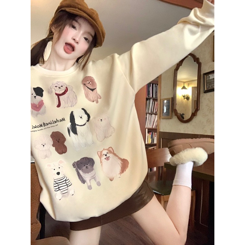 Áo Sweater Tay Dài Cổ Tròn In Hình Chú Chó Dễ Thương