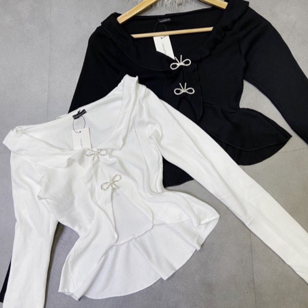 Áo Croptop, Áo Vạt Bèo Tay Dài Đính Nơ Đá Chất Thun Gân Tăm Lạnh Mịn Mát Dễ Thương, Sexy Cho Nữ - Tiệm Nhà Mây