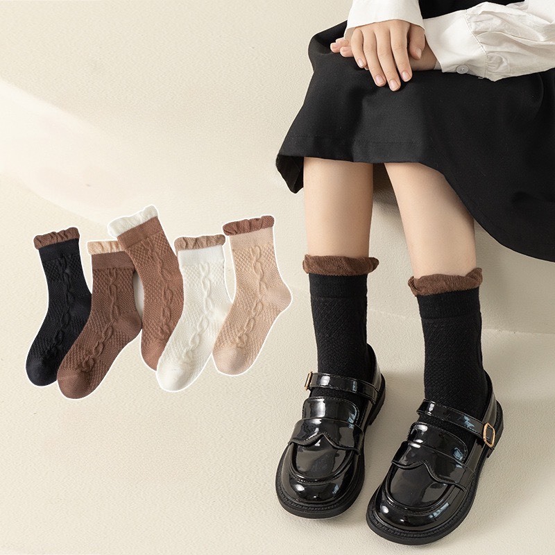 Set 5 Đôi Tất Vớ Cotton Len Họa Tiết Vintage Cho Trẻ Em Bé Gái Siêu Hot TECC1 Phanngoc06