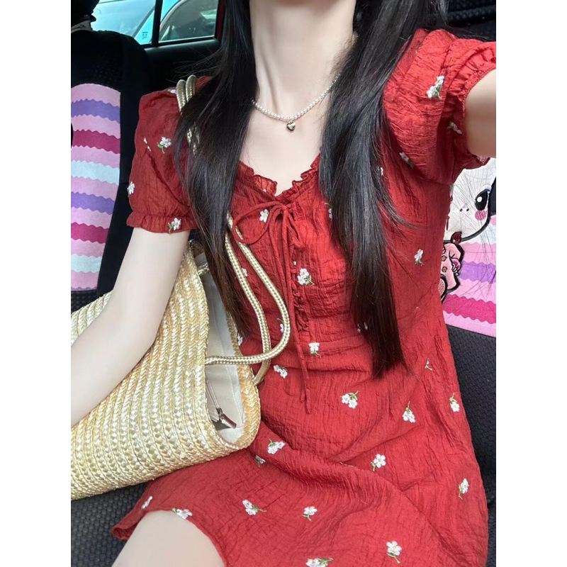 Váy đỏ hoa nhí 2 dáng Ngắn Dài