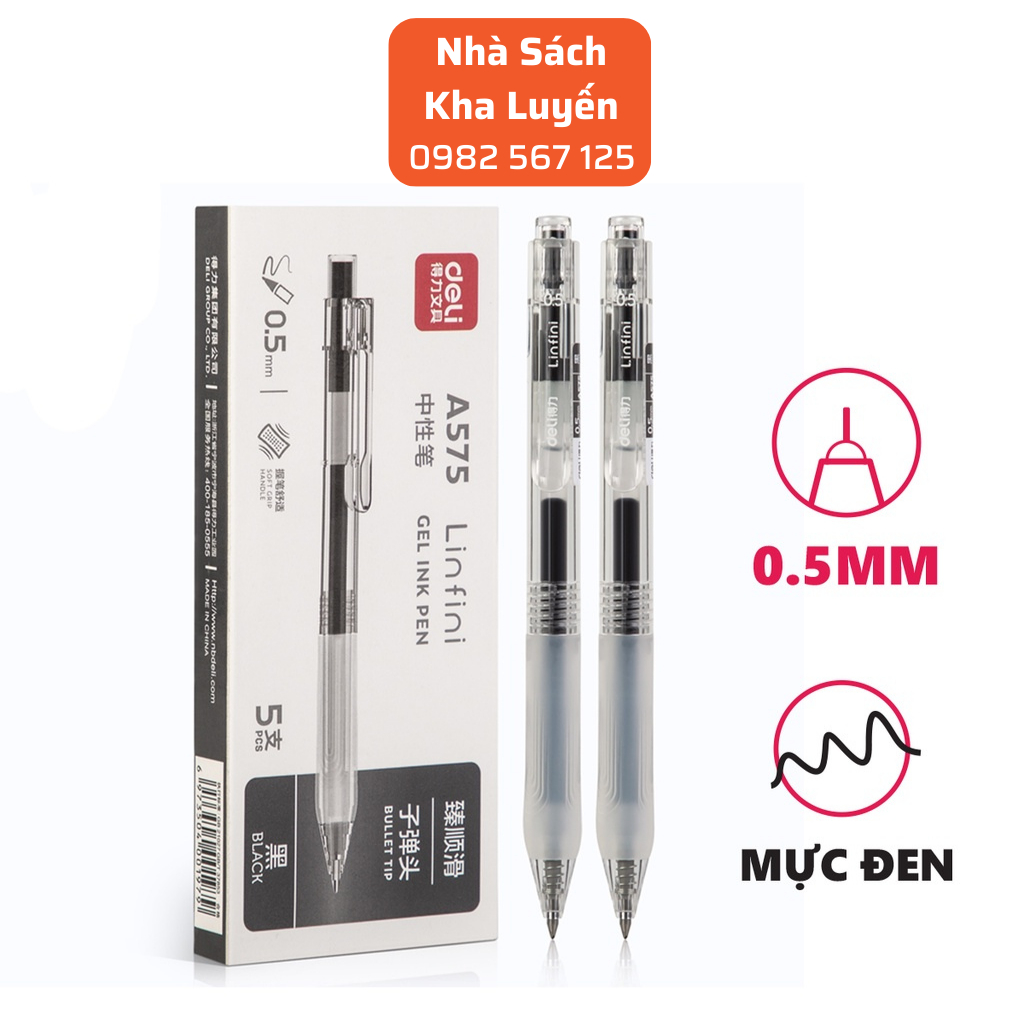 Bút Bi Mực Nước Cao Cấp Deli A575, Bút Bi Bấm Mực Đen Xanh Ngòi 0.5mm/ Có Ruột Thay Thế