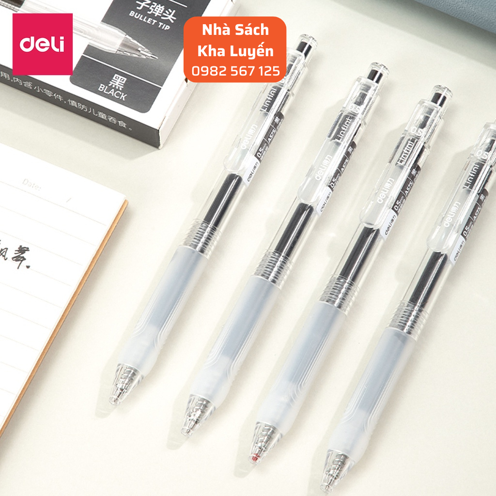 Bút Bi Mực Nước Cao Cấp Deli A575, Bút Bi Bấm Mực Đen Xanh Ngòi 0.5mm/ Có Ruột Thay Thế