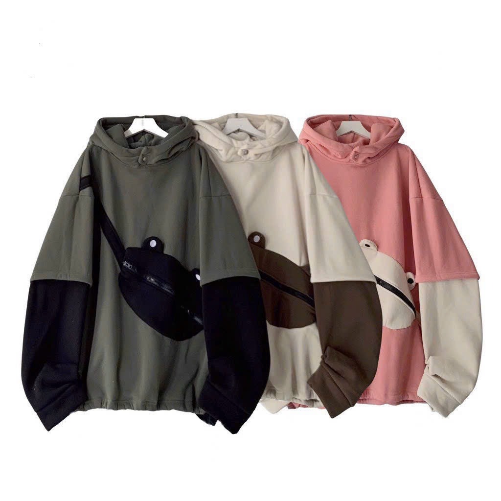 [11.11 Sales FFreeship] Áo khoác hoodie nam nữ unisex, áo nỉ from rông phối túi chéo ở trước hình con ếch dễ thương tp
