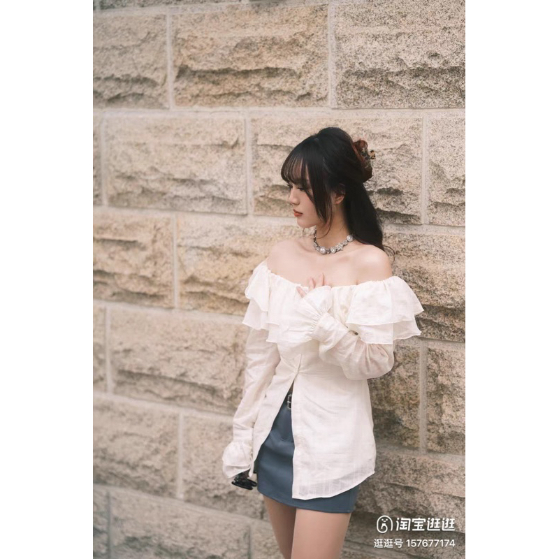 Áo trễ vai phối bèo tay dài, áo sơmi kiểu nữ dài tay trễ vai siêu nữ tính