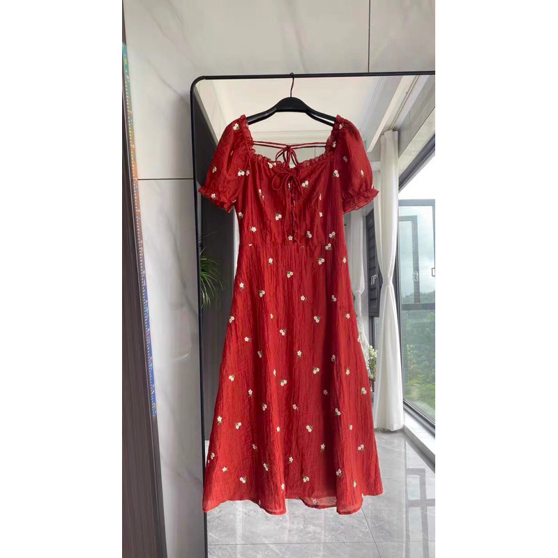 Váy đỏ hoa nhí 2 dáng Ngắn Dài