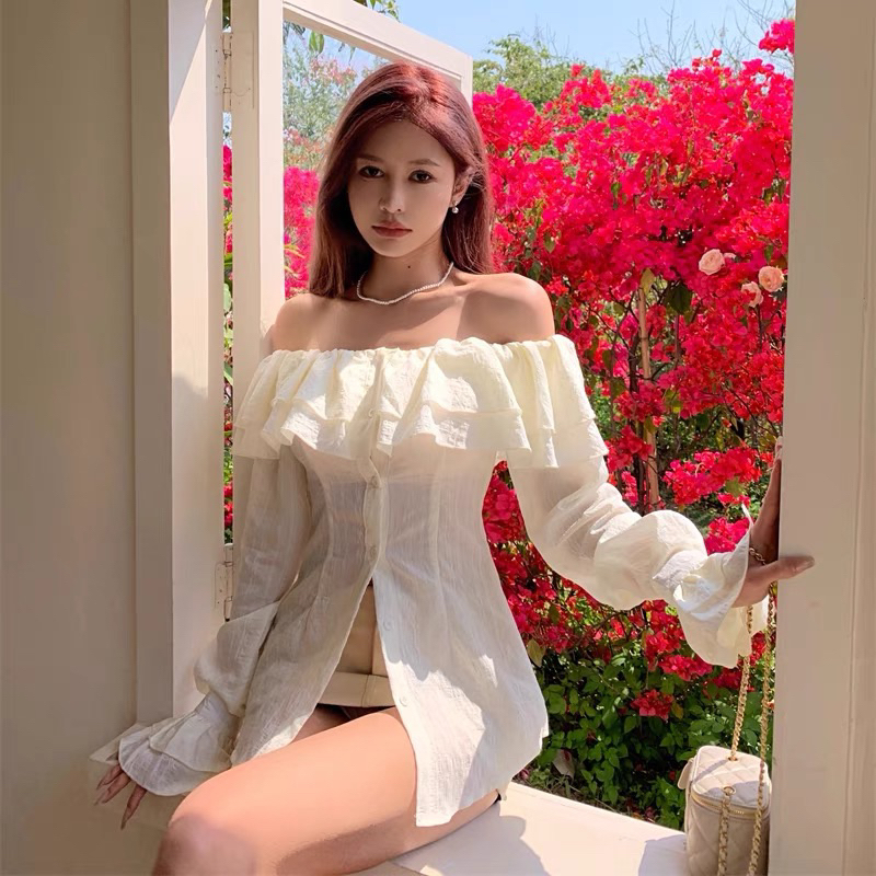 Áo trễ vai phối bèo tay dài, áo sơmi kiểu nữ dài tay trễ vai siêu nữ tính