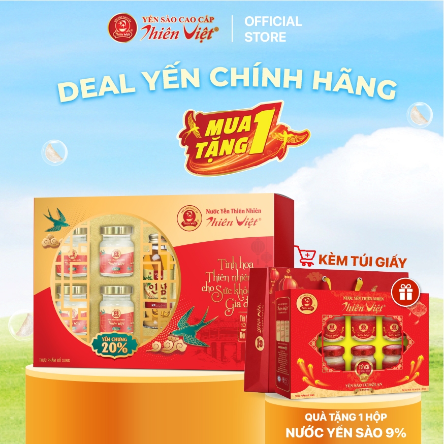 Hộp Nước Yến Sào Thiên Việt cao cấp Diamond 20% yến tổ (6 hũ Yến + 2 chai Hồng Sâm)