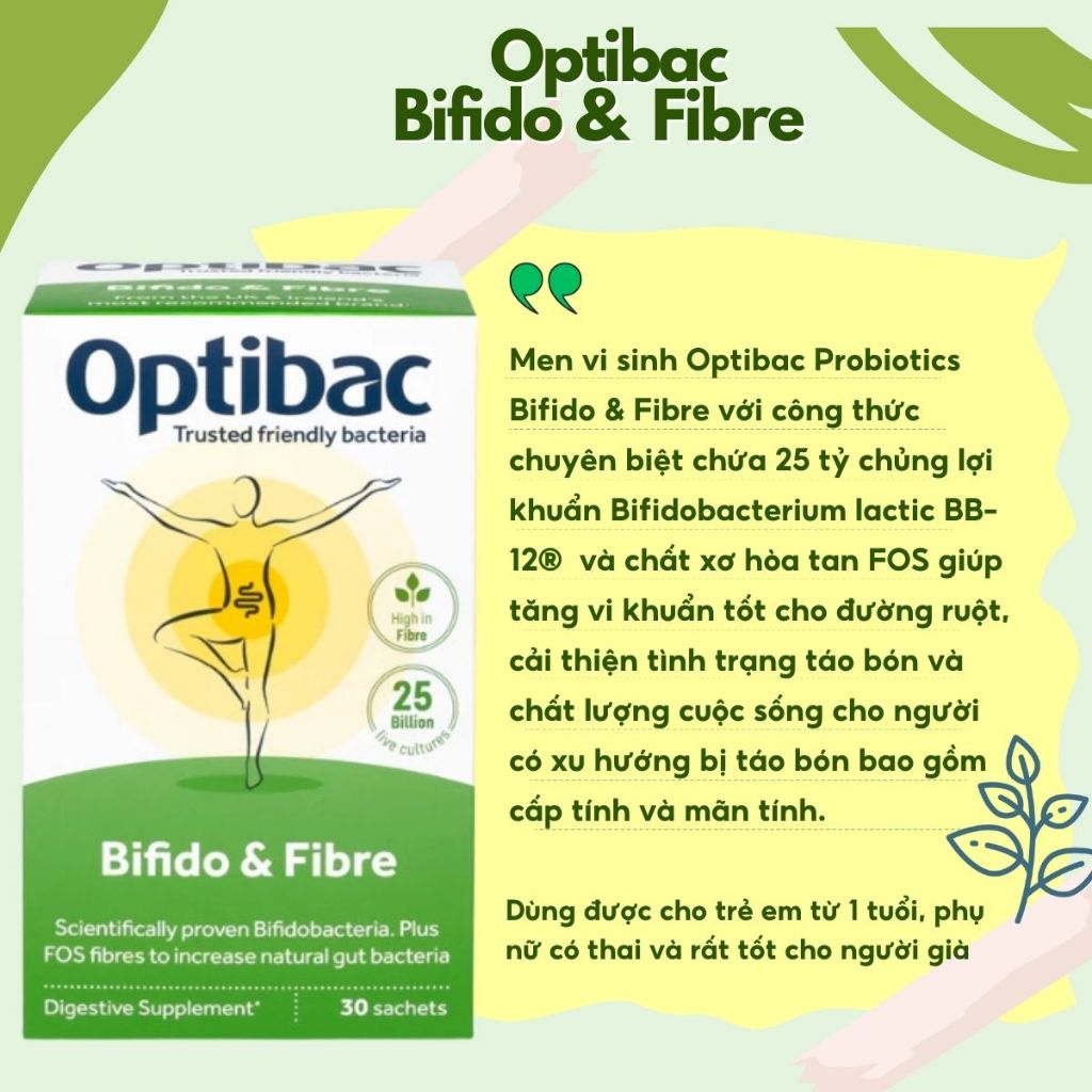 Men Vi Sinh Optibac Bifido & Fibre - Hỗ trợ giảm táo bón và bổ sung chất xơ, bổ sung lợi khuẩn đường ruột, hộp 30 gói