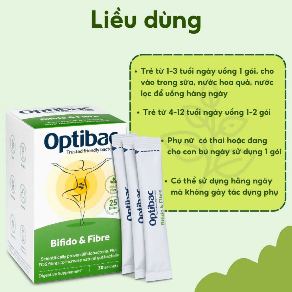 Men Vi Sinh Optibac Bifido & Fibre - Hỗ trợ giảm táo bón và bổ sung chất xơ, bổ sung lợi khuẩn đường ruột, hộp 30 gói