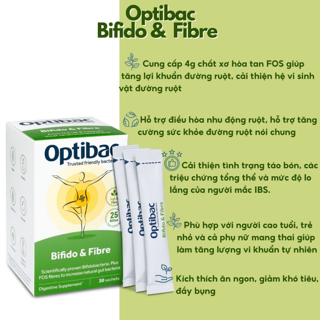 Men Vi Sinh Optibac Bifido & Fibre - Hỗ trợ giảm táo bón và bổ sung chất xơ, bổ sung lợi khuẩn đường ruột, hộp 30 gói