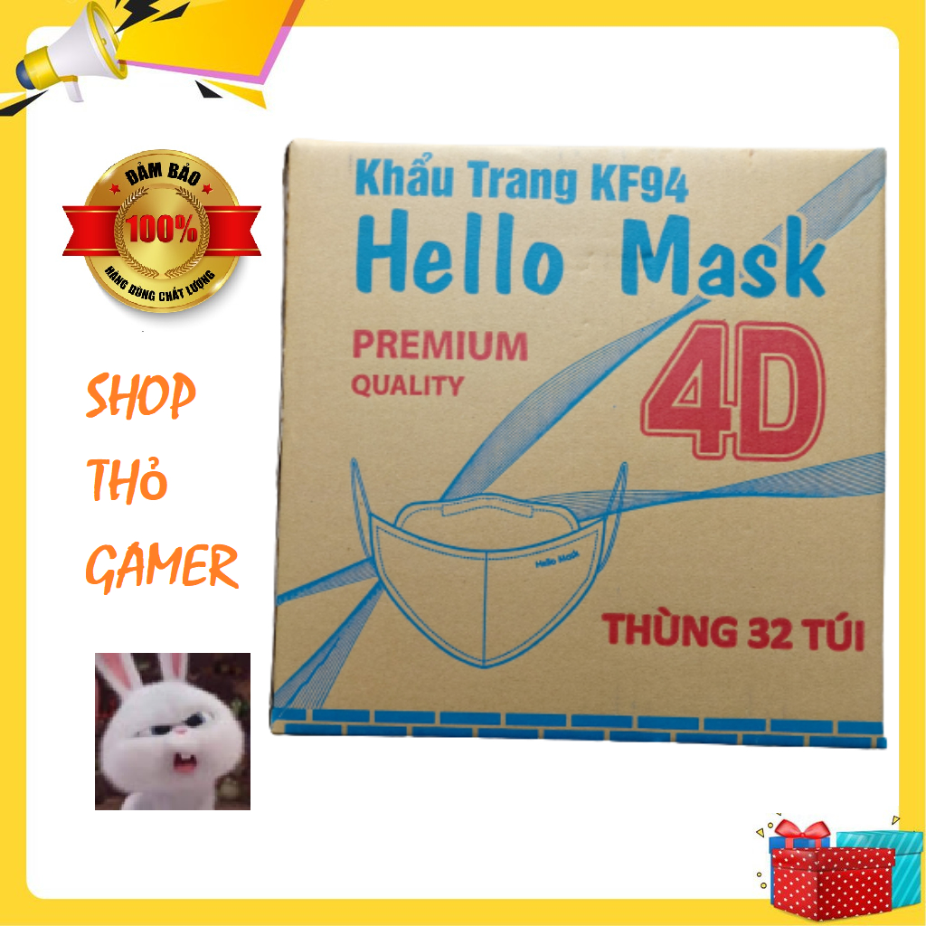 Thùng khẩu trang KF94 Hello Mask 4D Premium chính hãng 32 túi (320 cái khẩu trang)