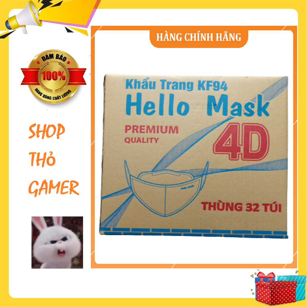 Thùng khẩu trang KF94 Hello Mask 4D Premium chính hãng 32 túi (320 cái khẩu trang)