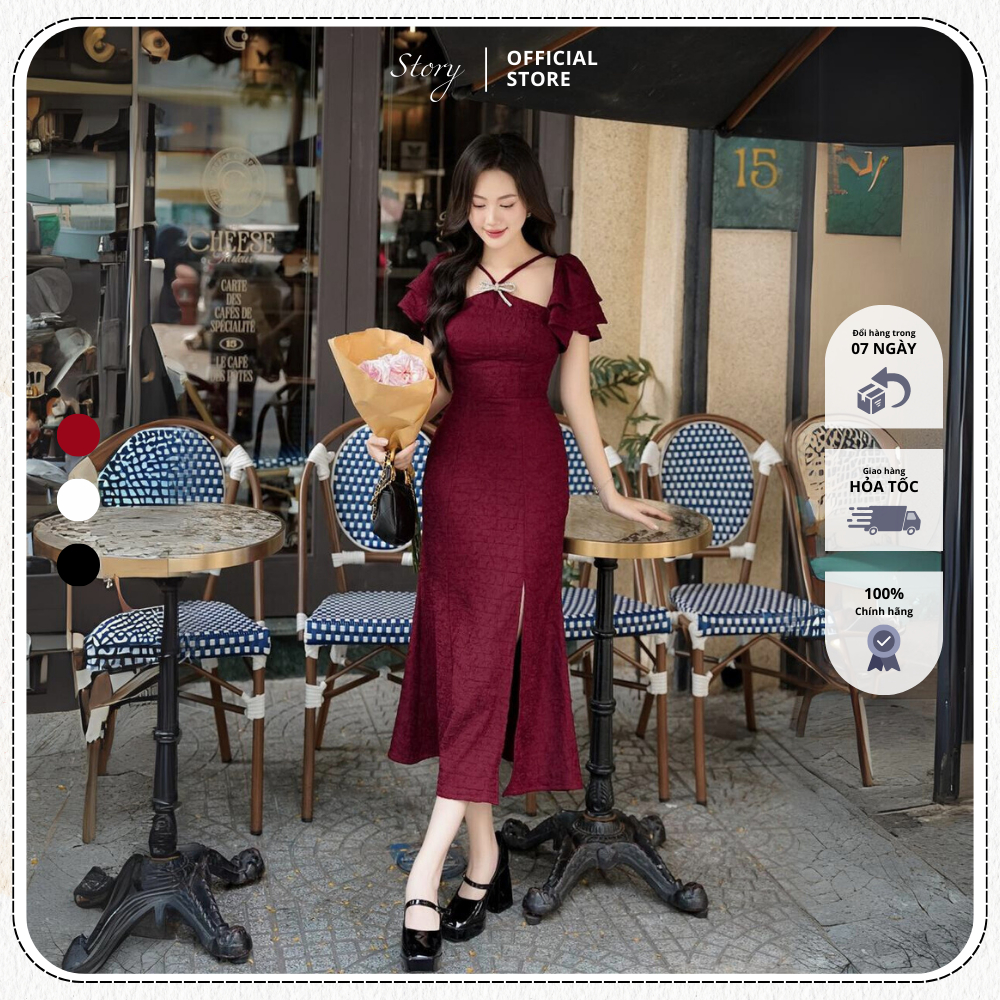STORY Đầm Delicate váy đỏ thiết kế cổ yếm tay bồn thanh lịch sang trọng Story.clothes thời trang nữ
