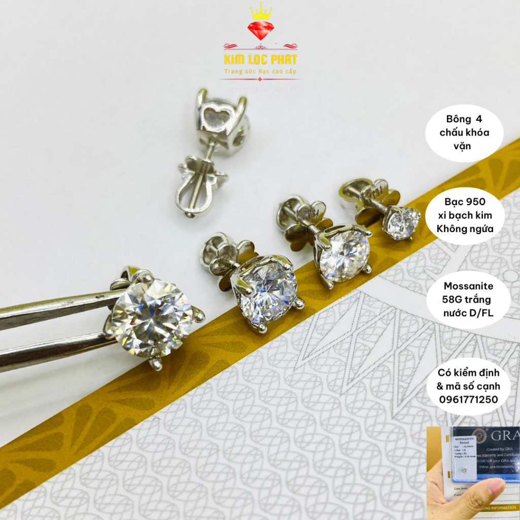 Khuyên tai bạc nụ xi bạch kim moissanite 58 giác màu trắng từ 4-8.1mm, Bông tai bạc kim cương nhân tạo, có kiểm định GRA