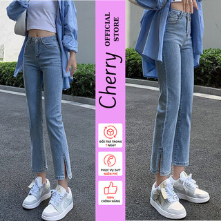 Quần jean nữ ống đứng skinny xẻ gấu CHERRY quần bò nữ dáng suông gấu lửng phong cách năng động T031
