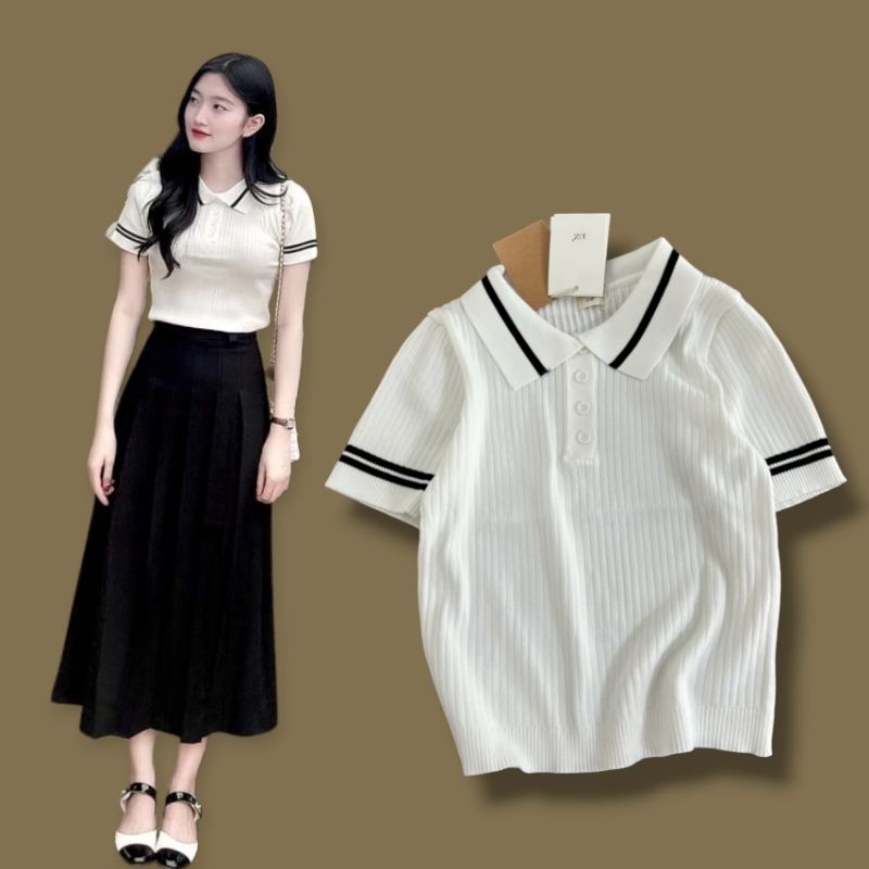 Áo len Polo ngắn tay  mix viền