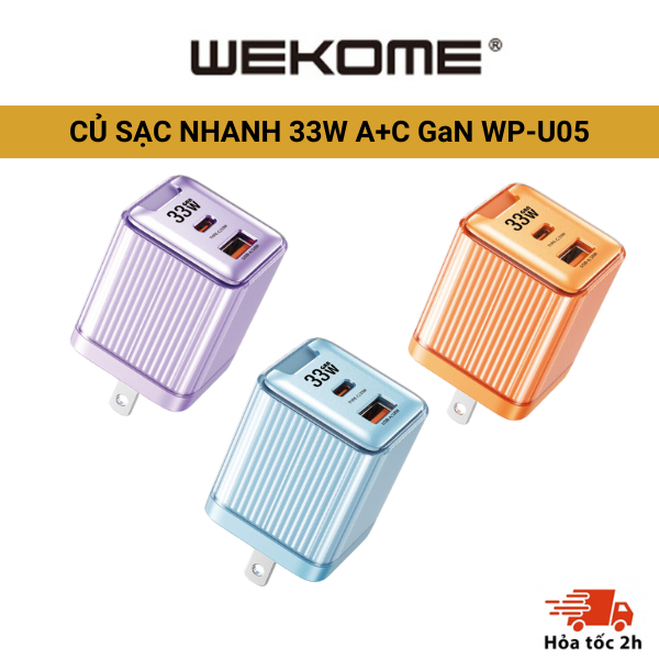 Củ sạc nhanh 33W A+C GaN WEKOME WP-U05 kích thước mini với nhiều màu sắc thời thượng dành cho điện thoại máy tính bảng
