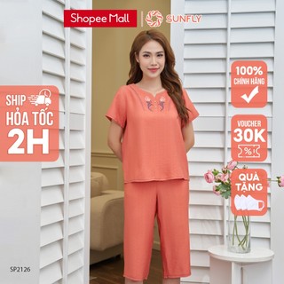 Đồ Bộ Mặc Nhà Nữ Linen SUNFLY Áo Cộc Quần Ngố SP2126