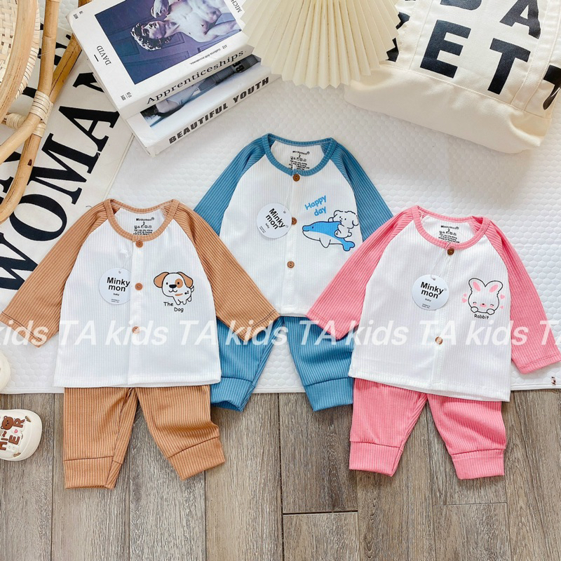 Bộ dài tay cho bé sơ sinh vải thun tăm khuy giữa quần đáp đũng, bộ thu đông bé trai bé gái TAkids