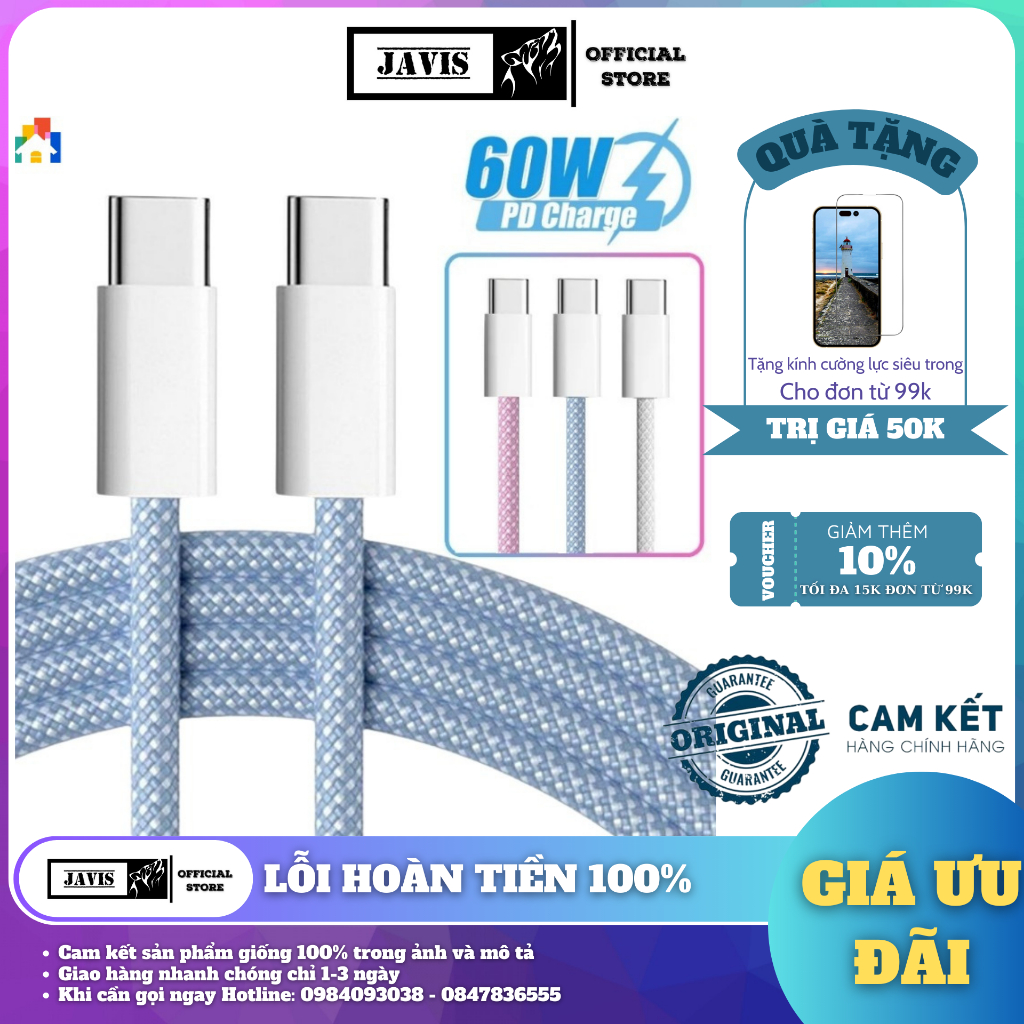 Cáp sạc cho IPHONE 15 Series  hai đầu TypeC và Android, Dây sạc nhanh 60W cho điện thoại bọc dù chắc chắn