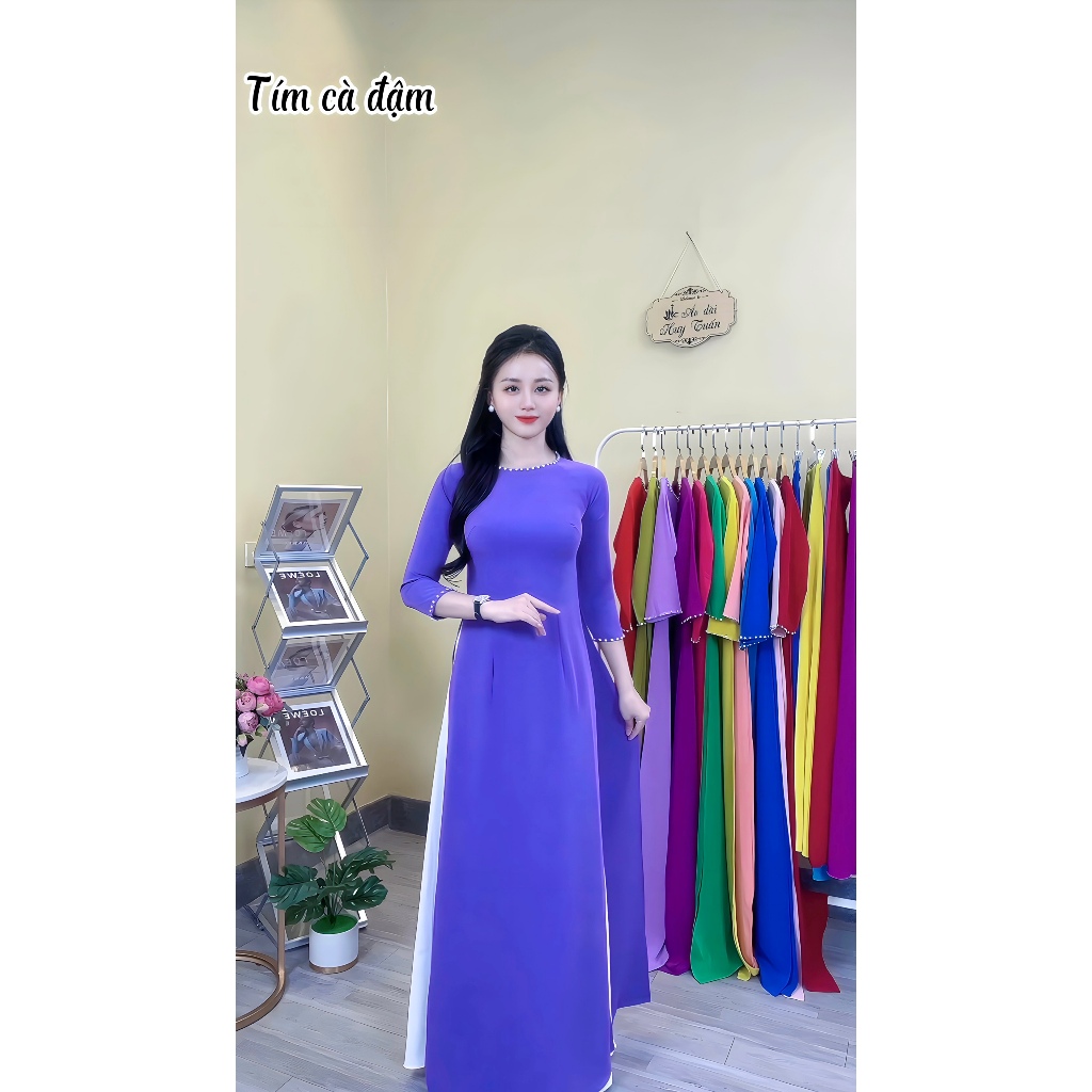 Áo Dài Nữ Cổ Tròn Tay Lỡ Đính Đá, Màu Tím Cà Đậm, Vải Lụa Mỹ Thoáng Mát Không Nhăn