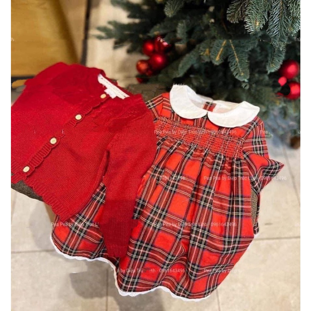 Váy bé gái , sét váy caro đỏ phối áo len vặn thừng cho bé diện noel , lễ tết siêu đáng yêu