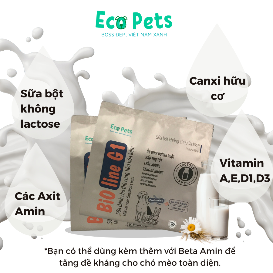 Sữa bột cho chó mèo BIOLINE G1 ECOPETS sữa dê hòa tan cung cấp dinh dưỡng canxi cho mèo con mèo bầu 100GR