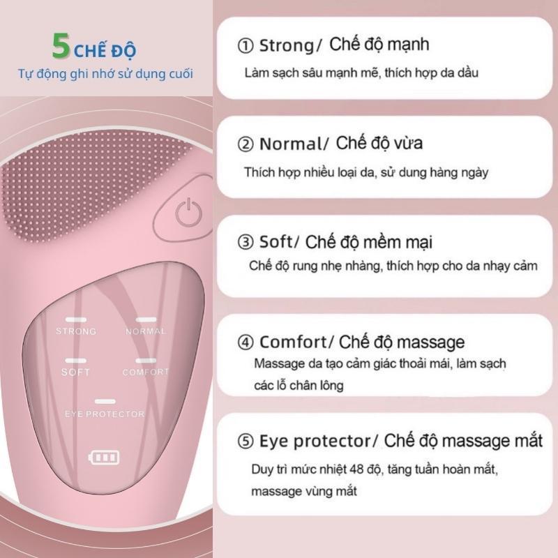 Máy rửa mặt silicon cầm tay đa năng 5 cấp độ, massage mắt giảm nếp nhăn