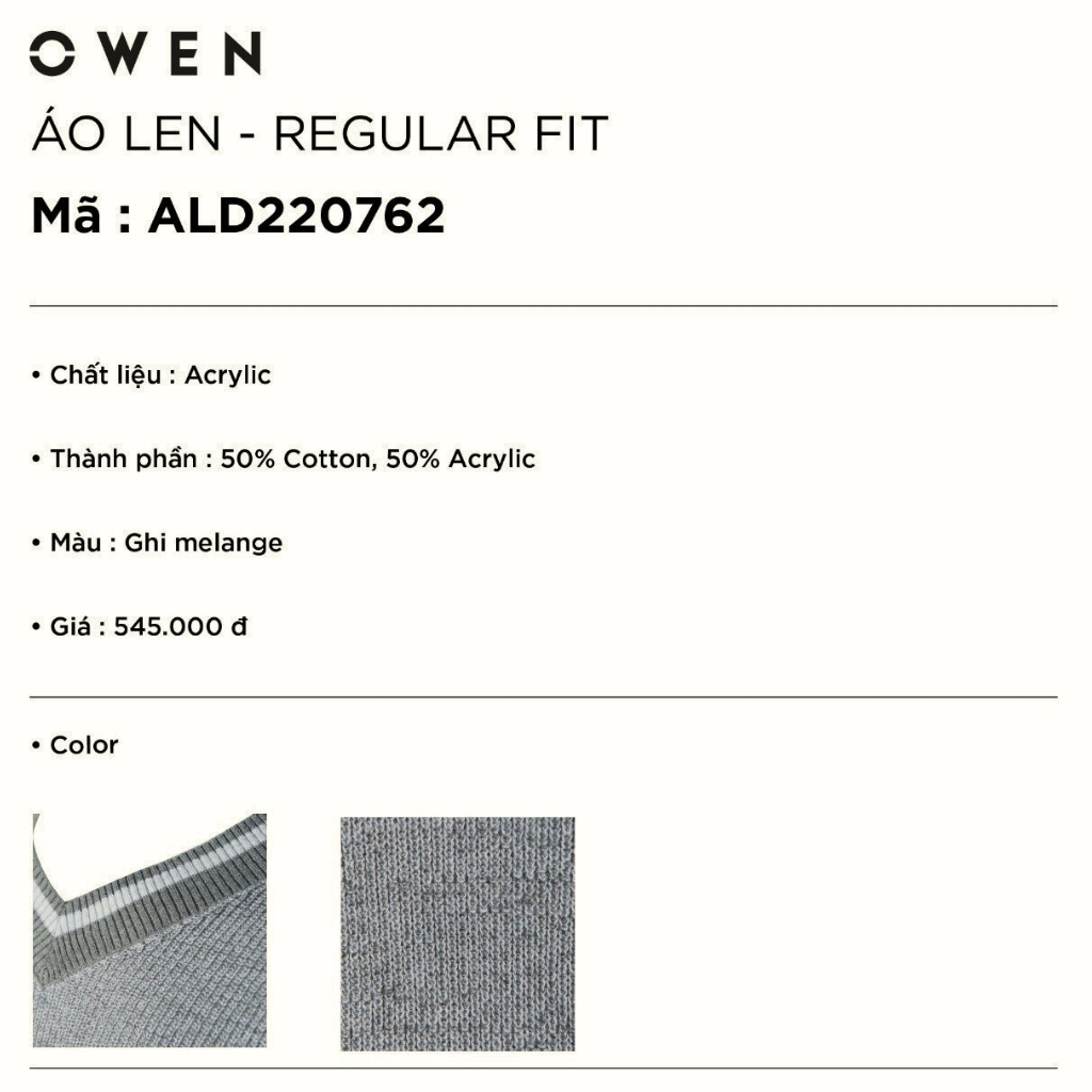 Áo len nam OWEN ALD220762 dáng regular fit cổ tim chữ V màu ghi melange vải acrylic cotton cao cấp nhẹ ấm đàn hồi