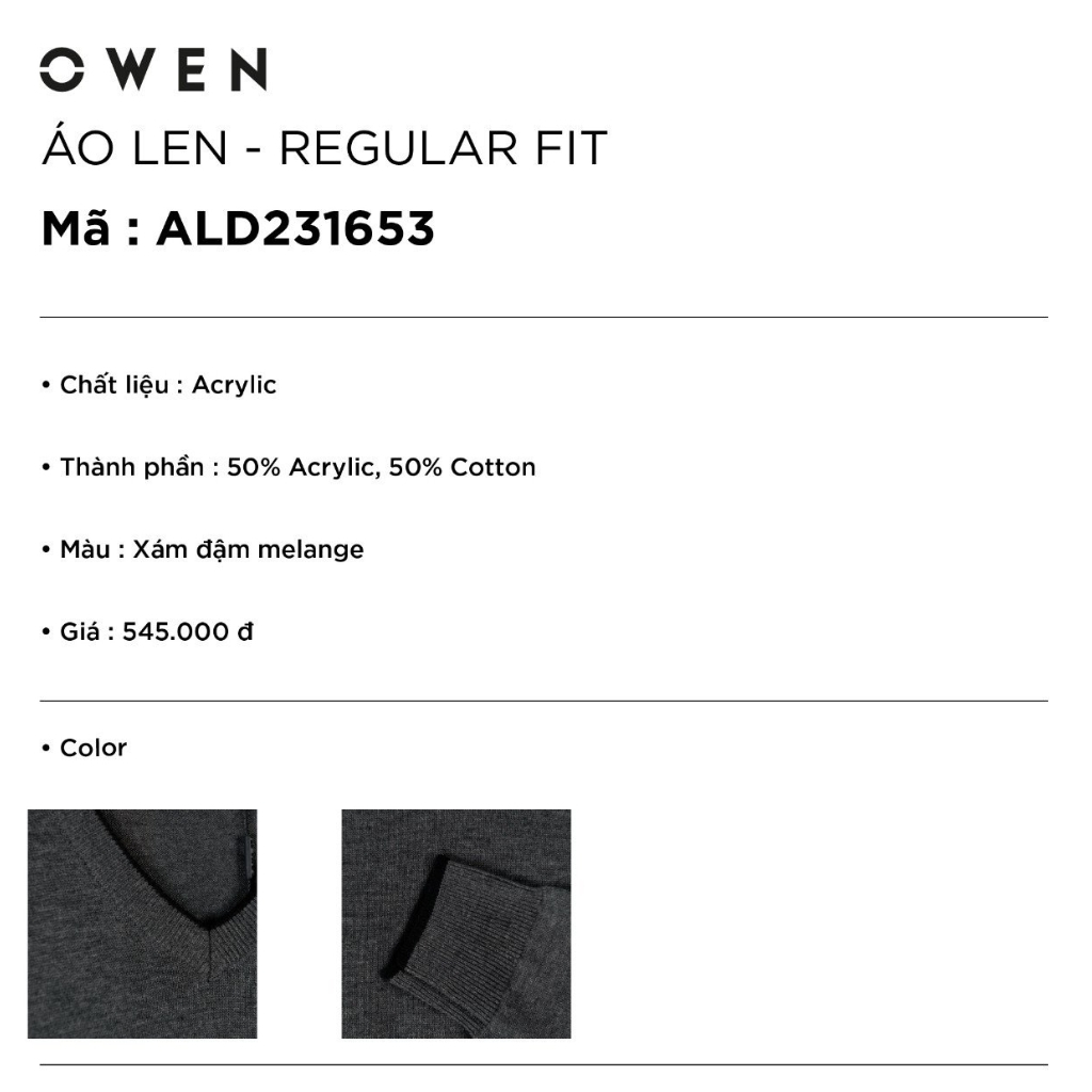 Áo len nam dài tay cao cấp OWEN ALD231653 màu xám đậm melange kẻ lỗ vải acrylic cotton dáng regular fit cổ tim chữ V