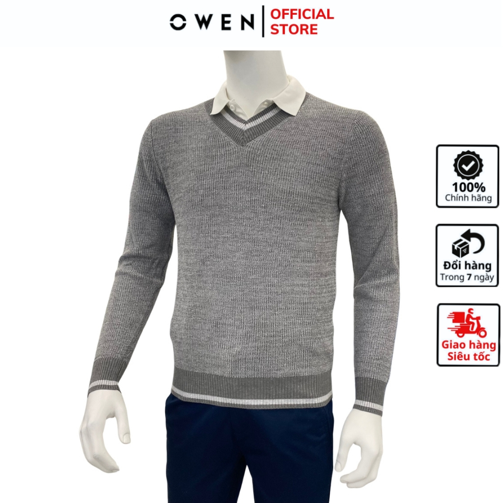 Áo len nam dài tay cao cấp OWEN ALD220762 màu ghi melange vải acrylic cotton dáng regular fit cổ tim chữ V trẻ trung