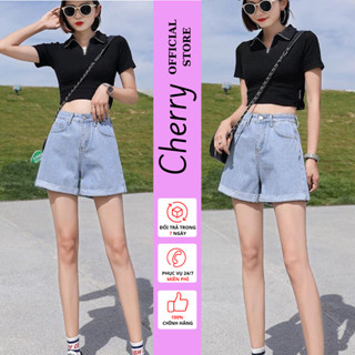 Quần short jean nữ CHERRY lưng cao tôn dáng ống rộng gấp gấu, chất bò mềm mịn tôn dángT042