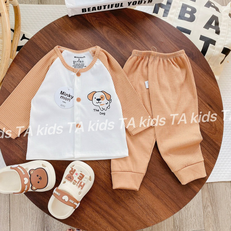Bộ dài tay cho bé sơ sinh vải thun tăm khuy giữa quần đáp đũng, bộ thu đông bé trai bé gái TAkids
