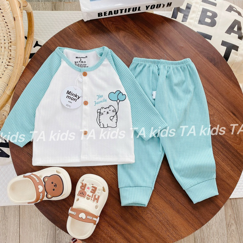 Bộ dài tay cho bé sơ sinh vải thun tăm khuy giữa quần đáp đũng, bộ thu đông bé trai bé gái TAkids