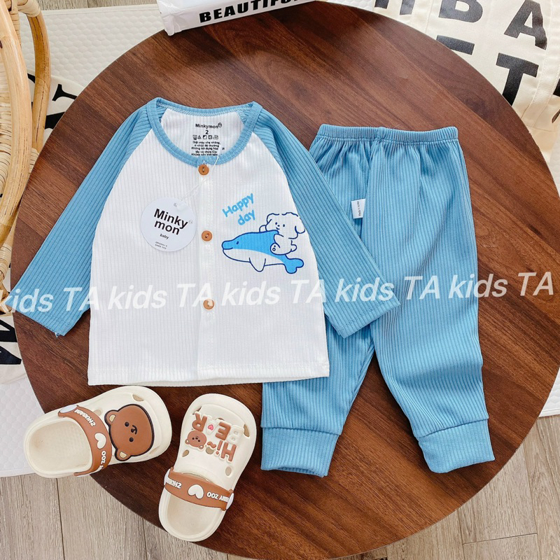 Bộ dài tay cho bé sơ sinh vải thun tăm khuy giữa quần đáp đũng, bộ thu đông bé trai bé gái TAkids