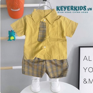 Set Bộ Quần Áo Sơ Mi Kèm Carvat Cho Bé Trai KEYER KIDS, Chất Liệu Đũi Thô Hàn Form Dáng Công Tử SM10