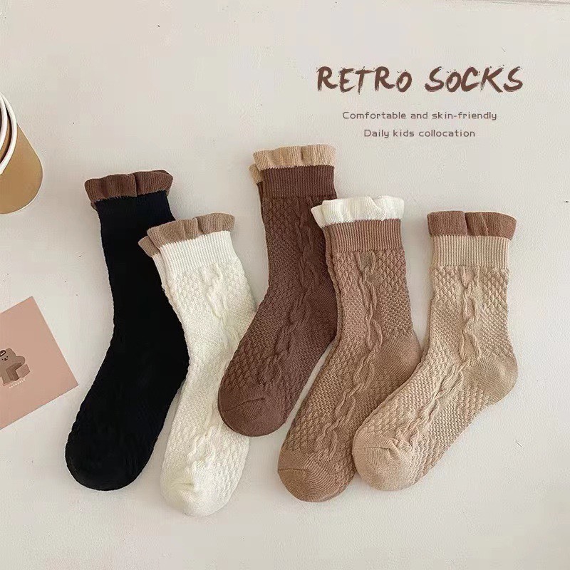 Set 5 Đôi Tất Vớ Cotton Len Họa Tiết Vintage Cho Trẻ Em Bé Gái Siêu Hot TECC1 Phanngoc06