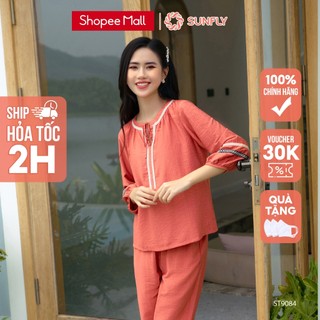  Đồ Bộ Mặc Nhà Nữ Linen SUNFLY Áo Tay Lỡ Quần Dài ST9084 