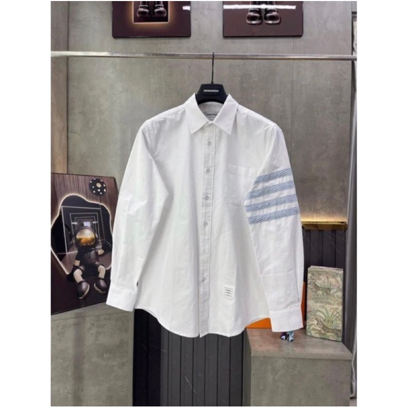 Áo Sơ Mi Thom Brown Dài Tay Nam Nữ Thêu 4 Vạch Xanh Form Boy Phố, Sơ Mi QC