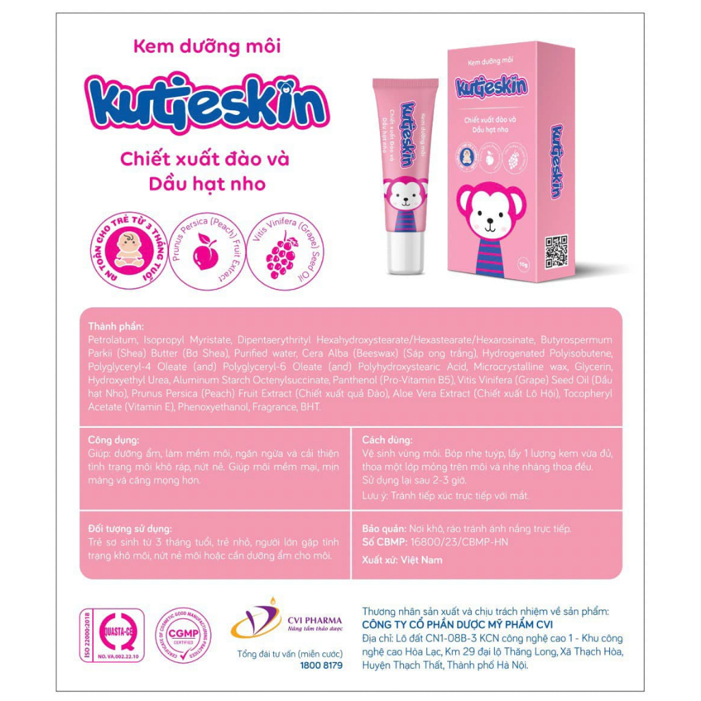 Kem dưỡng môi KUTIESKIN, kem dưỡng môi cho bé, son dưỡng môi cho bé, Giúp làm mềm môi, dưỡng ẩm, an toàn cho bé